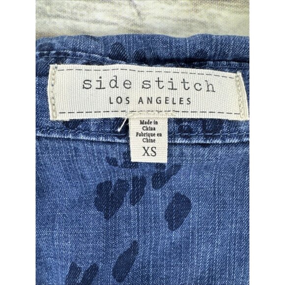 Side Stitch Button Front Tunic Roll Tab Sleeve Size XS Blue Animal Print A381343 - Picture 11 of 12